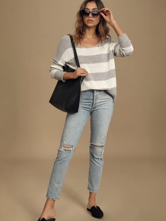 Lulus Sweaters - Lulus Little Talks Grey and White Striped Loose Knit Sweater NWT